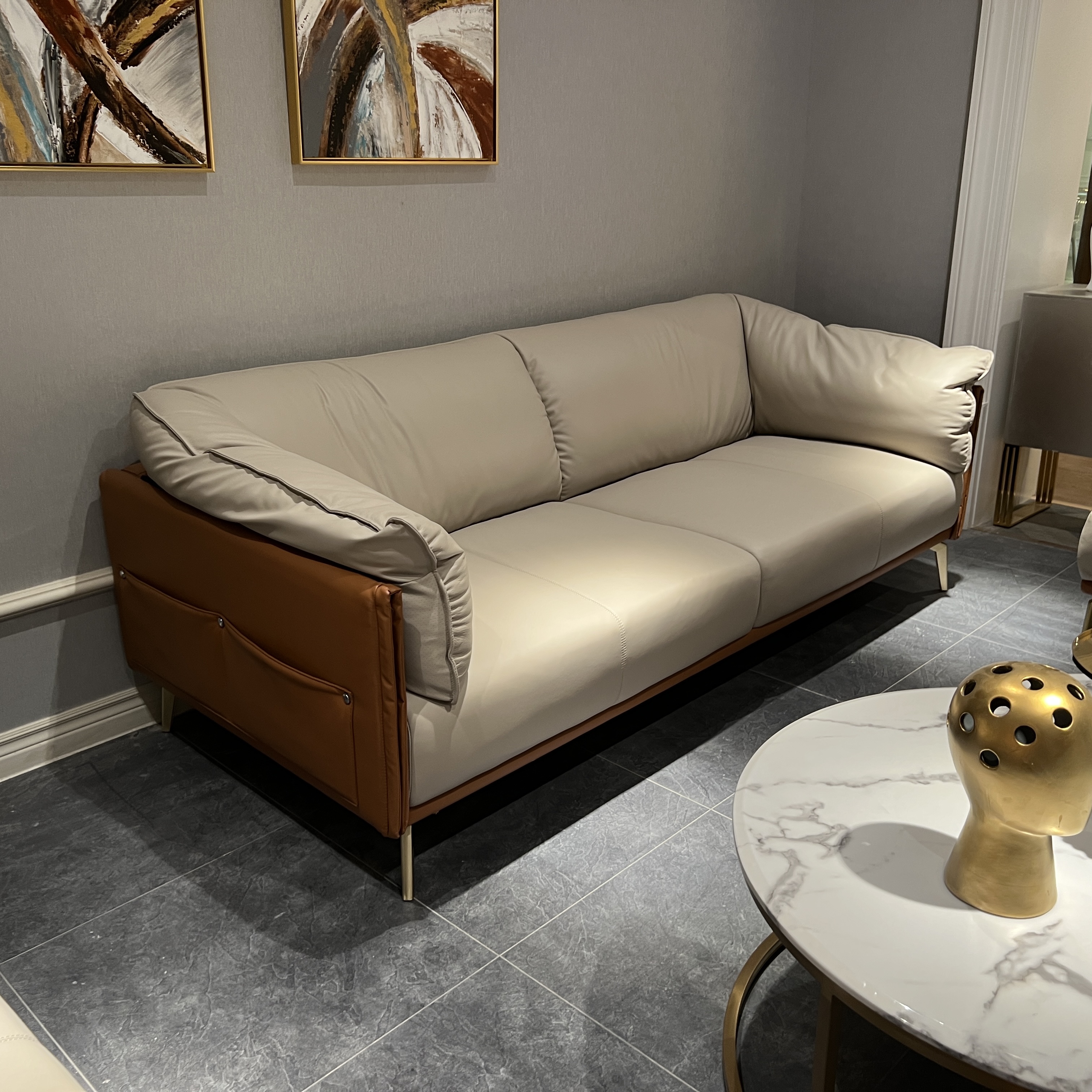 Modern 3-Seater Soft Leather Sofa Comfortable Modular Convertible Cushion Upholstery for Hotel Living Room Leisure Villa Sponge Detail Pic 1