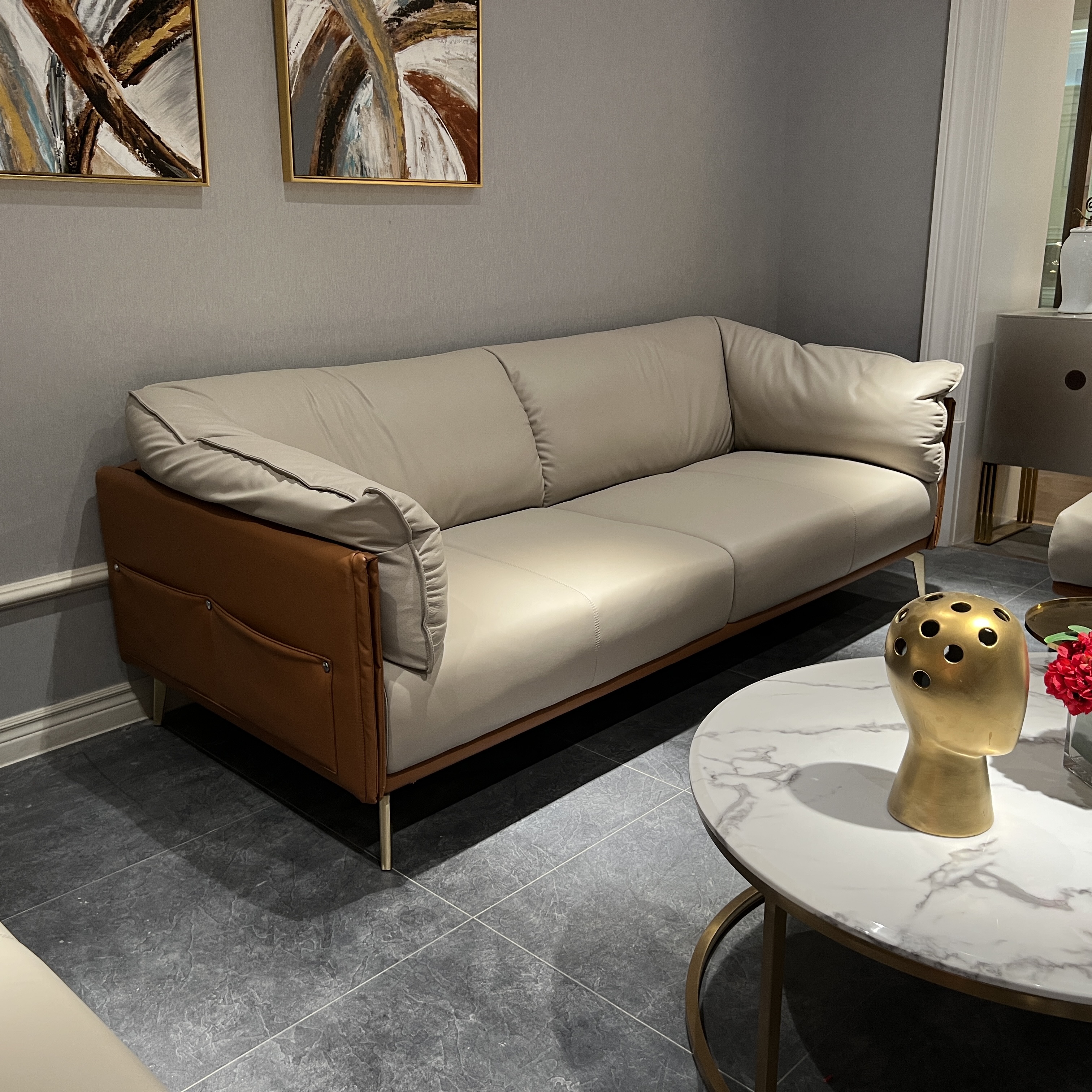 Modern 3-Seater Soft Leather Sofa Comfortable Modular Convertible Cushion Upholstery for Hotel Living Room Leisure Villa Sponge Detail Pic 2